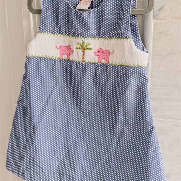 Smocked Giraffe Girls Blue Polka Dot Dress w/ Pink Elephant Embroidery Size 2 - Picture 6 of 11